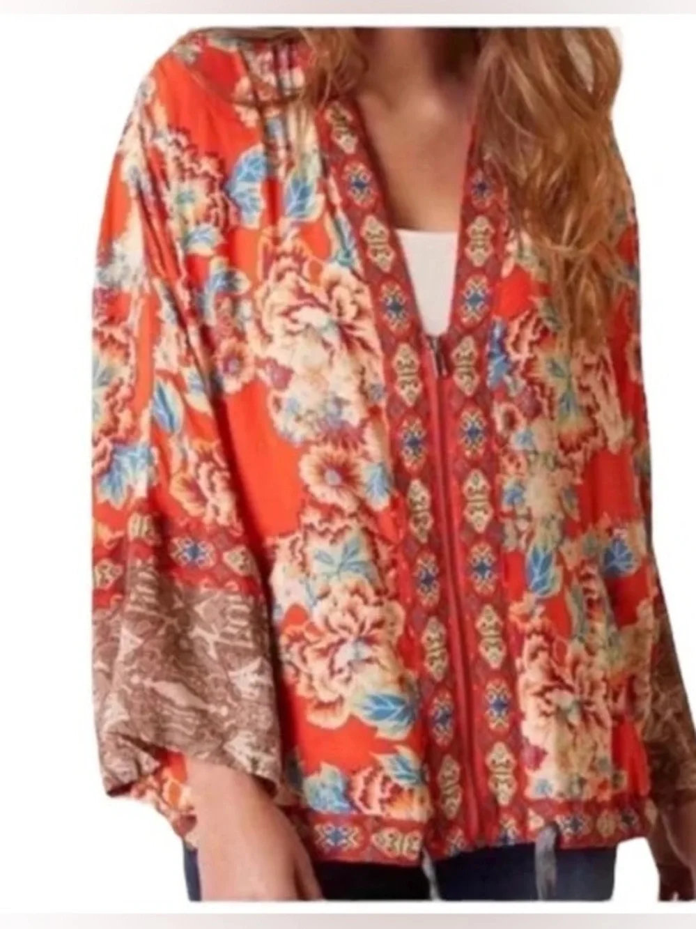 Free People Wildflower Zip Front Kimono Jacket Floral Boho Red Orange Festival
